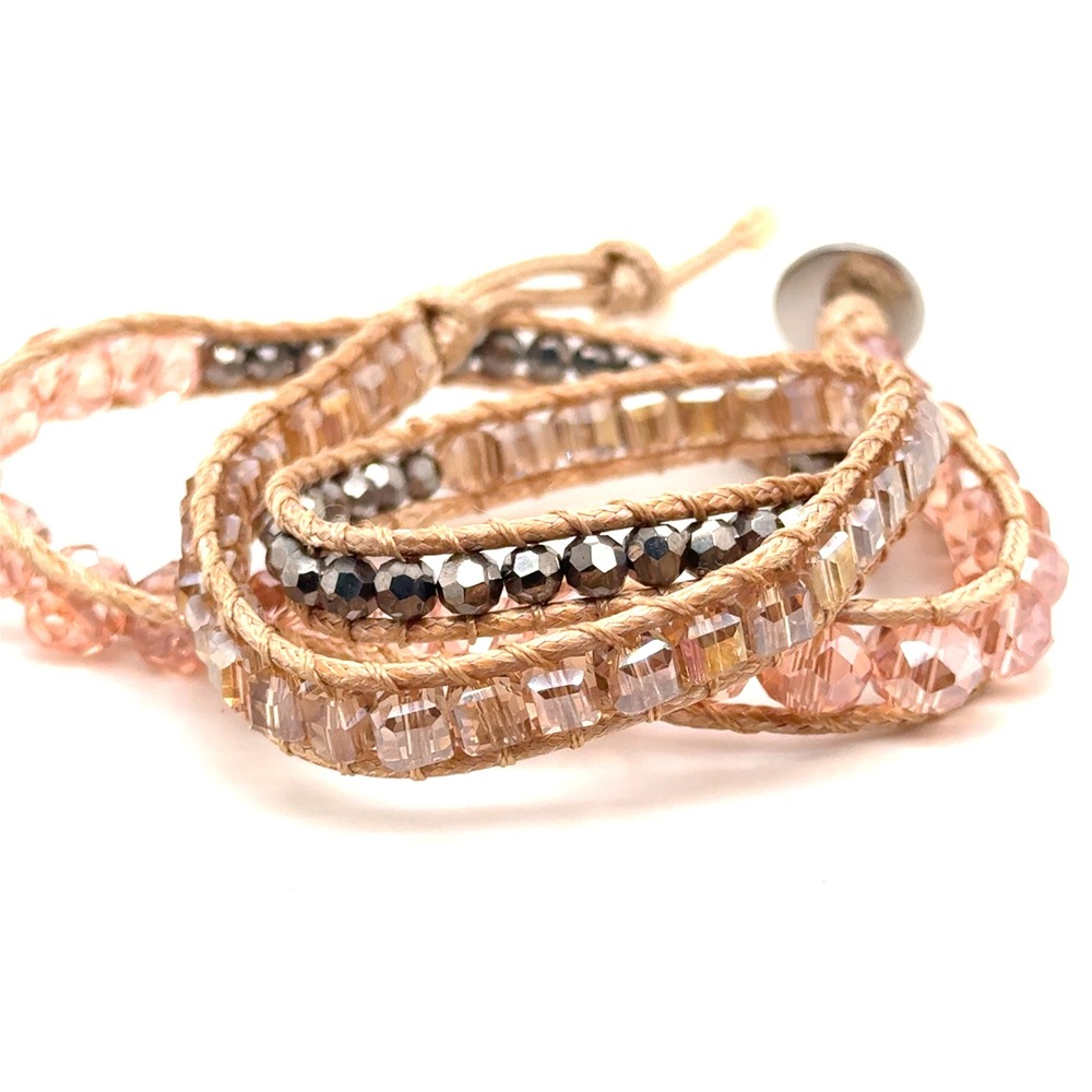 Victoria Emerson 21 Inch Crystal Bead Wrap Bracelet Pink Champagne Hematite Tone